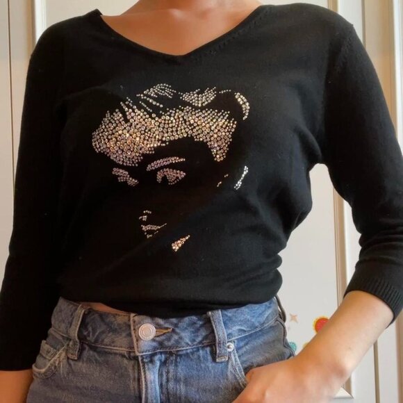 Vintage Audrey Hepburn Crystal V-Neck Sweater - S - Picture 2 of 9